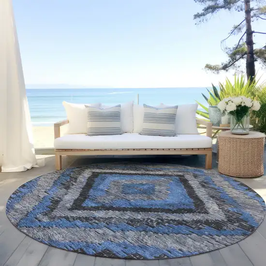 8' Blue And Gray Round Aztec Washable Indoor Outdoor Area Rug Photo 5