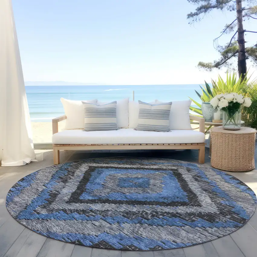8' Blue And Gray Round Aztec Washable Indoor Outdoor Area Rug Photo 5