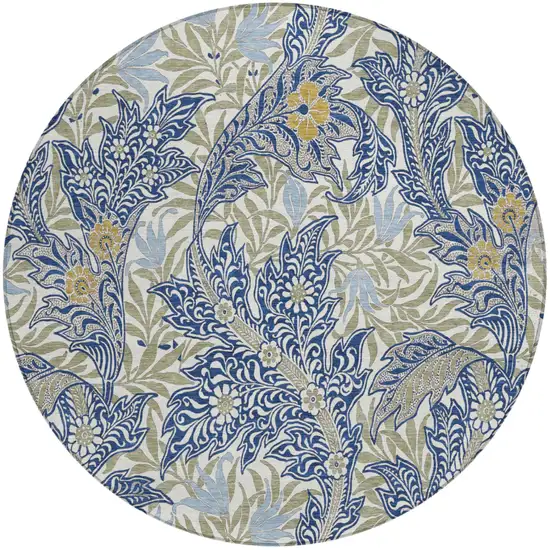 8' Blue And Gray Round Botanical Leaves Washable Indoor Outdoor Area Rug Photo 2