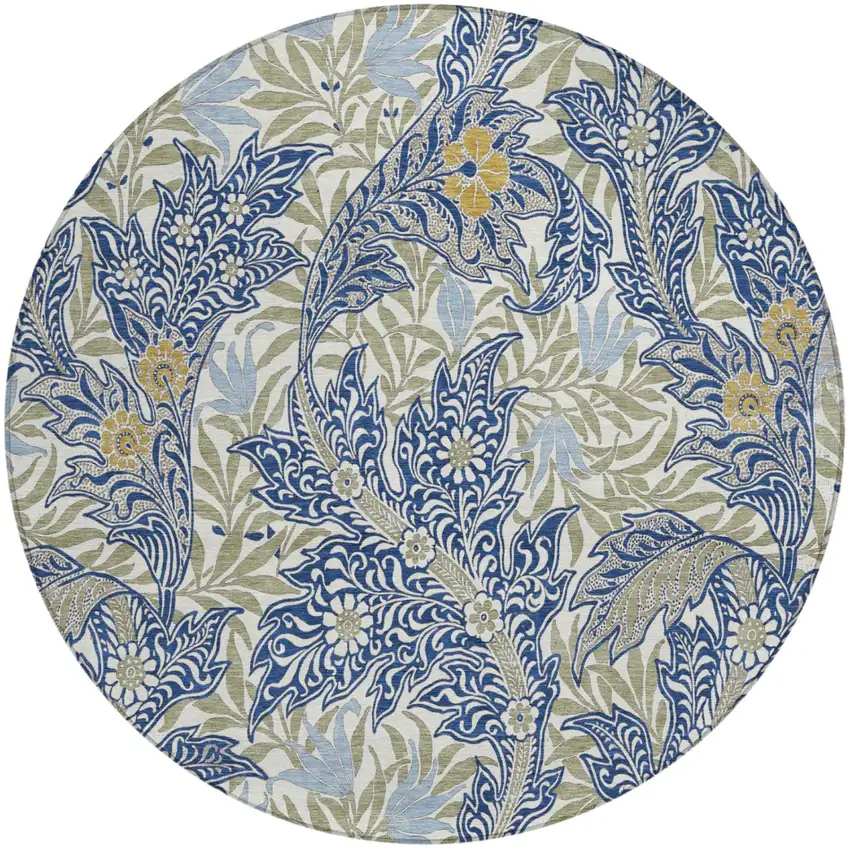 8' Blue And Gray Round Botanical Leaves Washable Indoor Outdoor Area Rug Photo 2