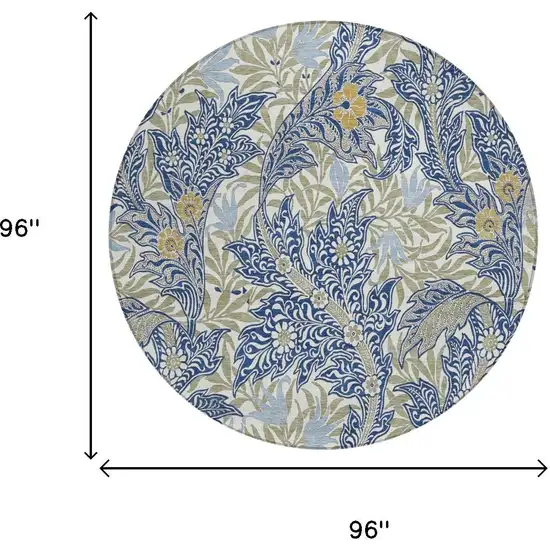 8' Blue And Gray Round Botanical Leaves Washable Indoor Outdoor Area Rug Photo 5