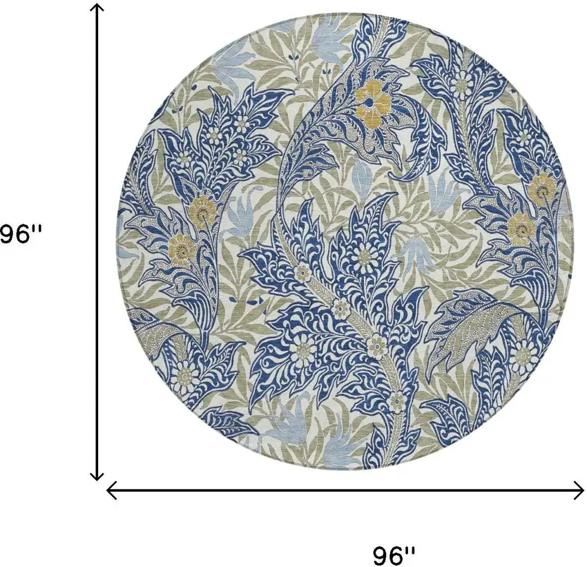 8' Blue And Gray Round Botanical Leaves Washable Indoor Outdoor Area Rug Photo 5