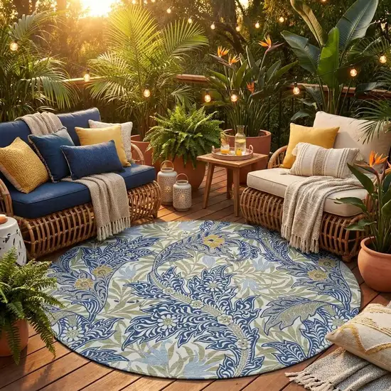 8' Blue And Gray Round Botanical Leaves Washable Indoor Outdoor Area Rug Photo 1