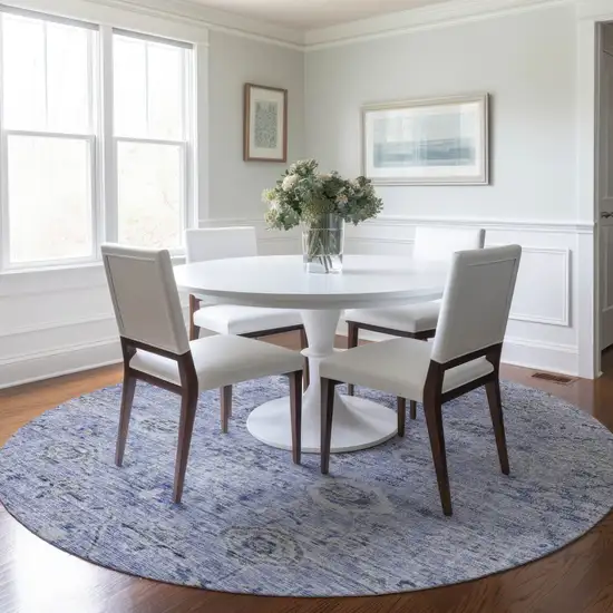 8' Blue And Gray Round Damask Washable Indoor Outdoor Area Rug Photo 8