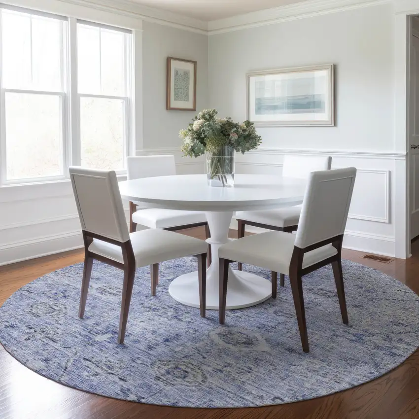 8' Blue And Gray Round Damask Washable Indoor Outdoor Area Rug Photo 8
