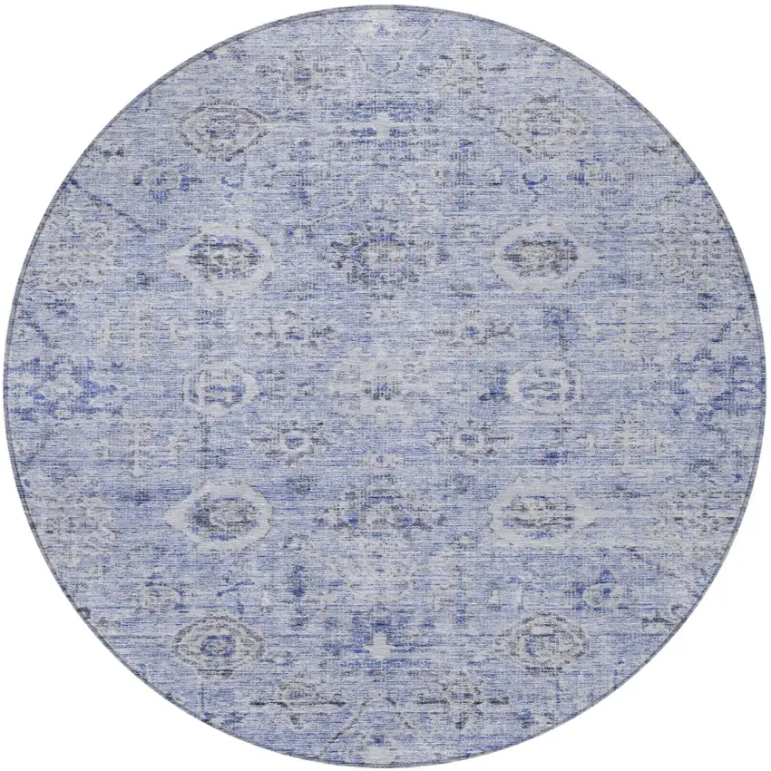 8' Blue And Gray Round Damask Washable Indoor Outdoor Area Rug Photo 6