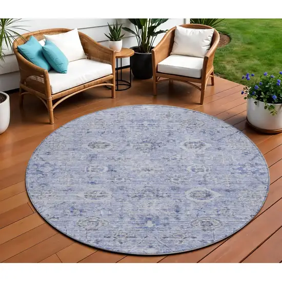 8' Blue And Gray Round Damask Washable Indoor Outdoor Area Rug Photo 1