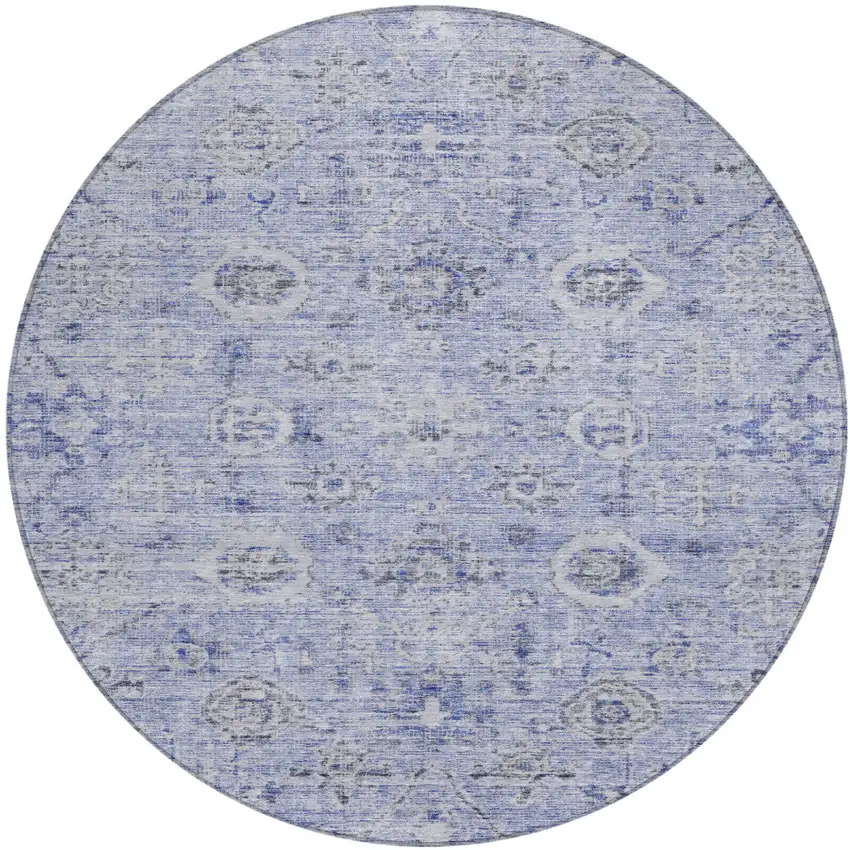 8' Blue And Gray Round Damask Washable Indoor Outdoor Area Rug Photo 2