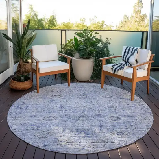 8' Blue And Gray Round Damask Washable Indoor Outdoor Area Rug Photo 7