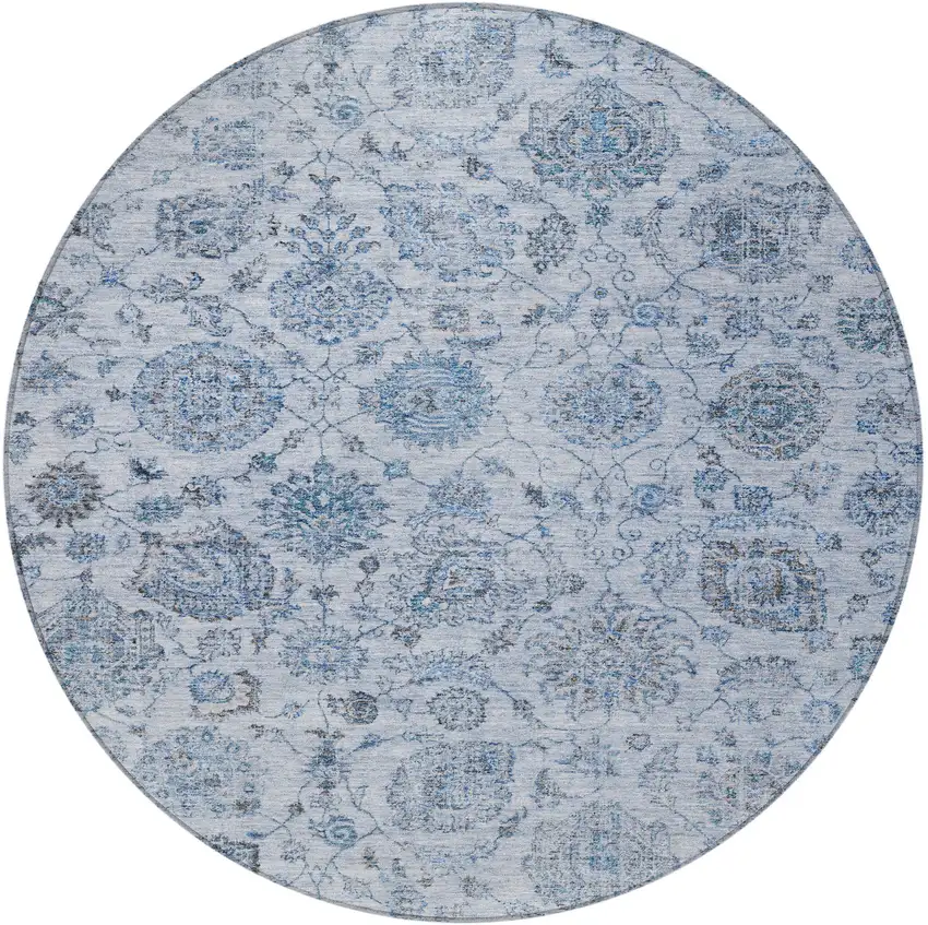 8' Blue And Gray Round Damask Washable Indoor Outdoor Area Rug Photo 4
