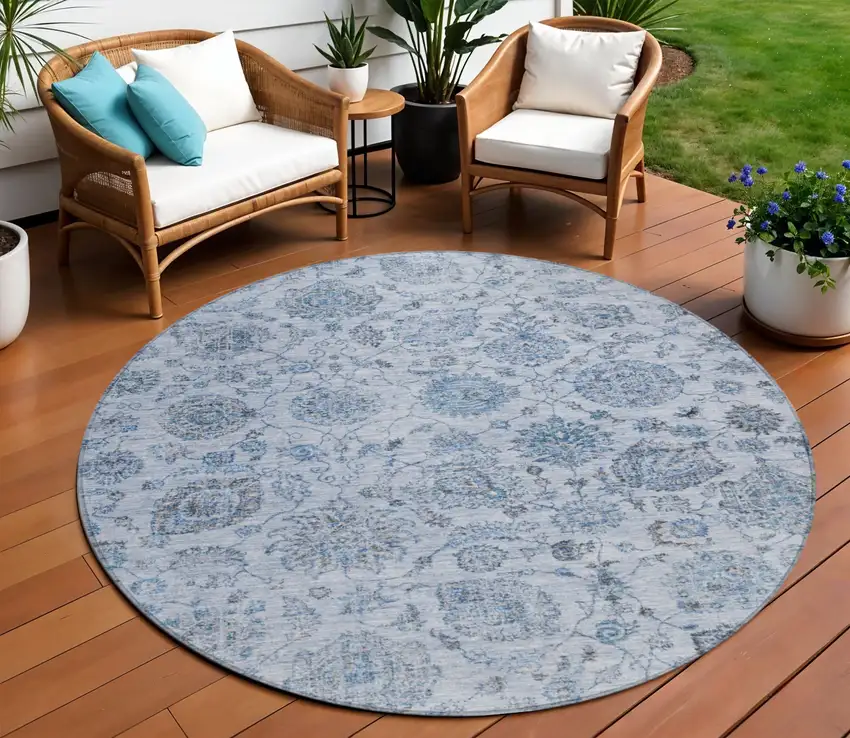 8' Blue And Gray Round Damask Washable Indoor Outdoor Area Rug Photo 2