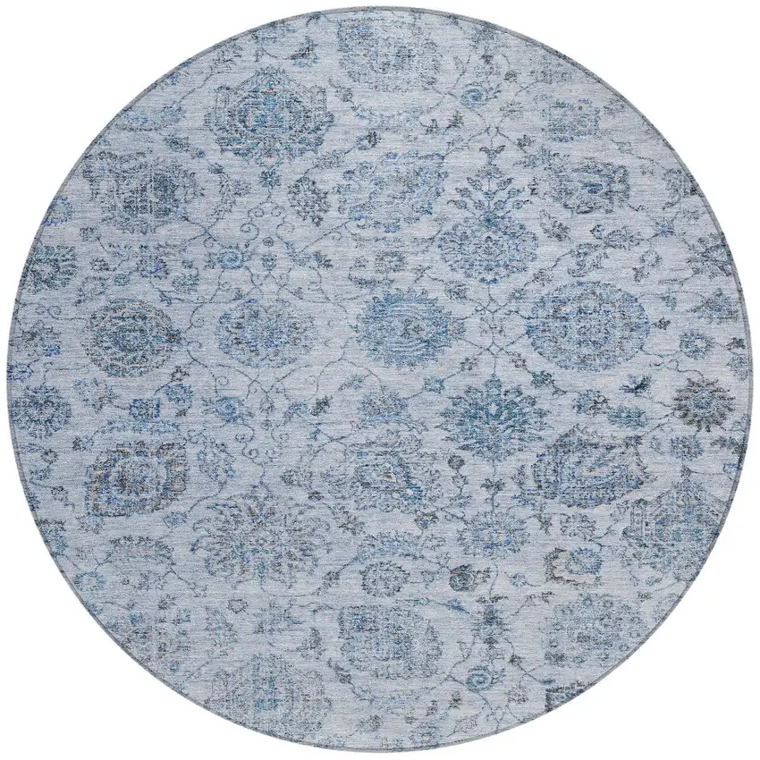 8' Blue And Gray Round Damask Washable Indoor Outdoor Area Rug Photo 3