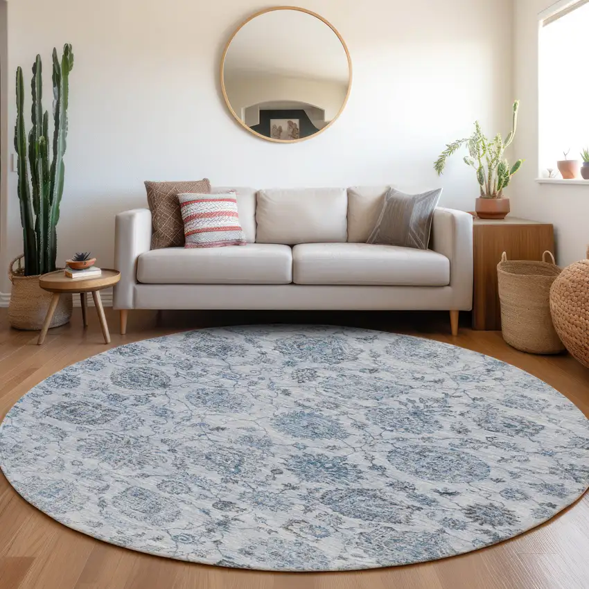 8' Blue And Gray Round Damask Washable Indoor Outdoor Area Rug Photo 6