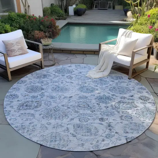 8' Blue And Gray Round Damask Washable Indoor Outdoor Area Rug Photo 5