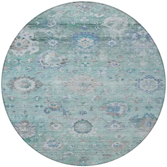 8' Blue And Gray Round Floral Washable Indoor Outdoor Area Rug Photo 7