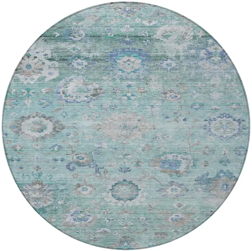 8' Blue And Gray Round Floral Washable Indoor Outdoor Area Rug Photo 7