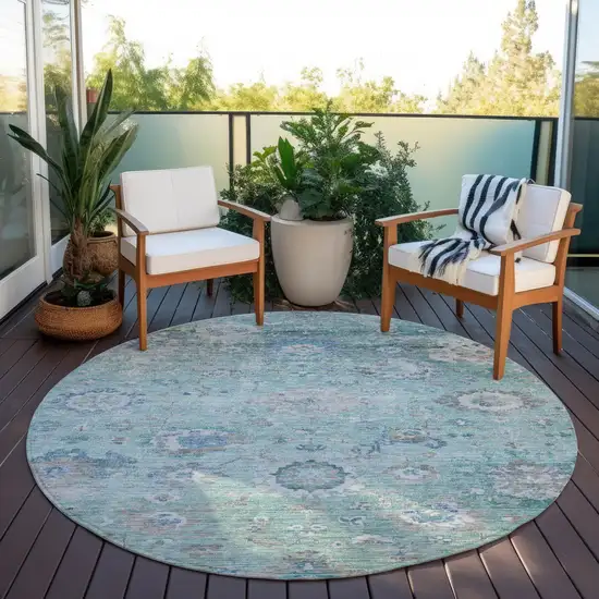 8' Blue And Gray Round Floral Washable Indoor Outdoor Area Rug Photo 8
