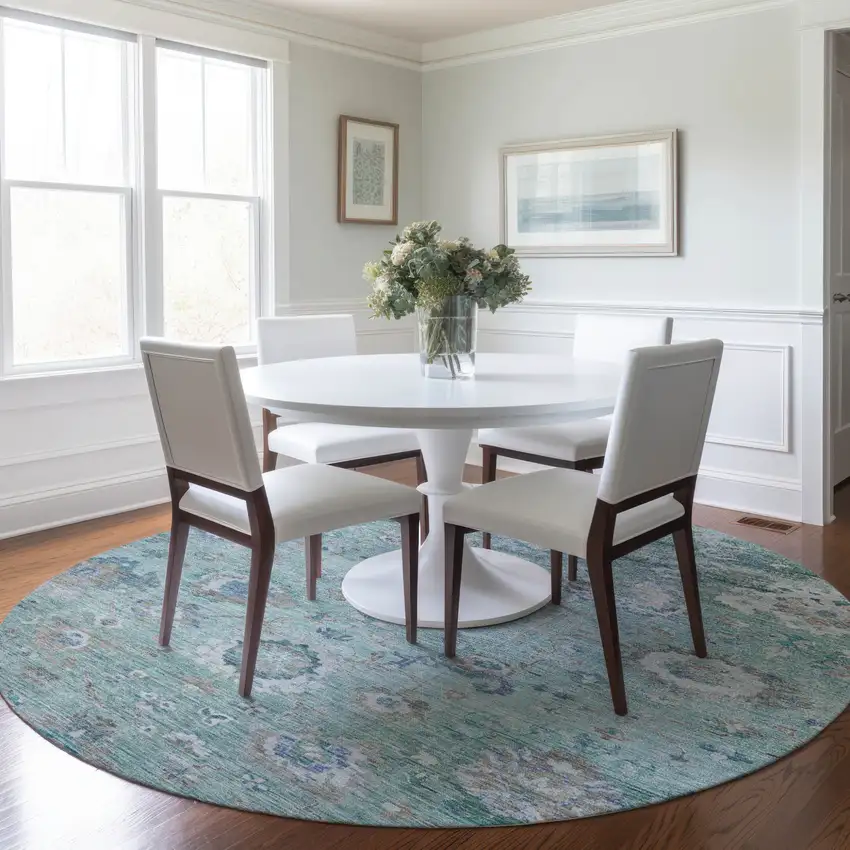 8' Blue And Gray Round Floral Washable Indoor Outdoor Area Rug Photo 9
