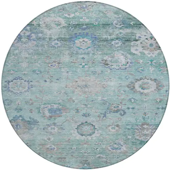 8' Blue And Gray Round Floral Washable Indoor Outdoor Area Rug Photo 2