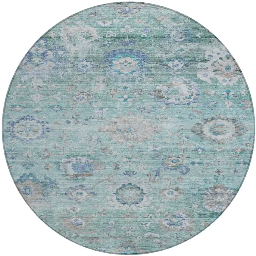 8' Blue And Gray Round Floral Washable Indoor Outdoor Area Rug Photo 2