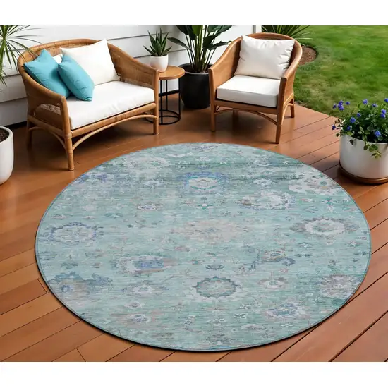 8' Blue And Gray Round Floral Washable Indoor Outdoor Area Rug Photo 1