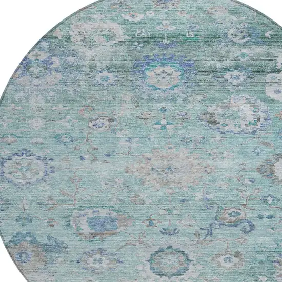 8' Blue And Gray Round Floral Washable Indoor Outdoor Area Rug Photo 6
