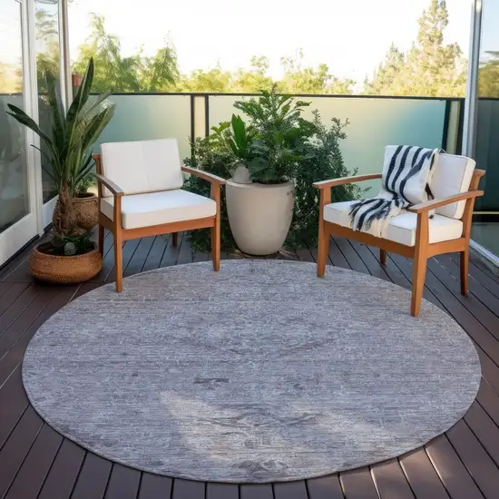 8' Blue And Gray Round Floral Washable Indoor Outdoor Area Rug Photo 7