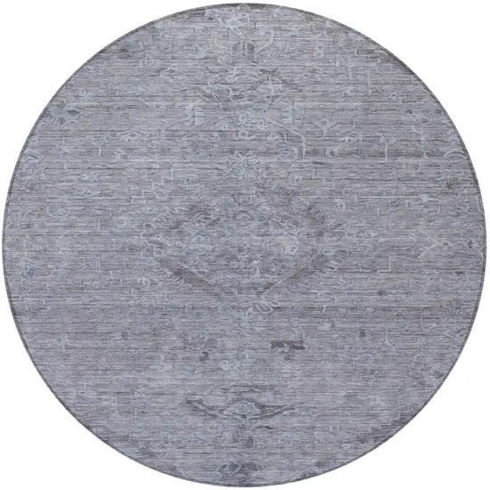 8' Blue And Gray Round Floral Washable Indoor Outdoor Area Rug Photo 6