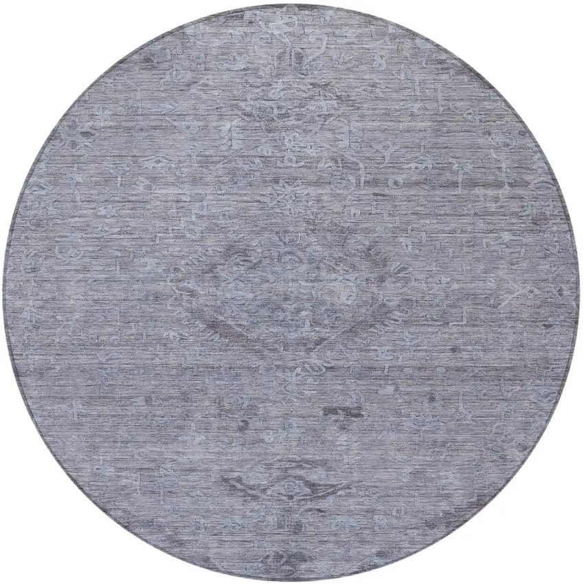 8' Blue And Gray Round Floral Washable Indoor Outdoor Area Rug Photo 6