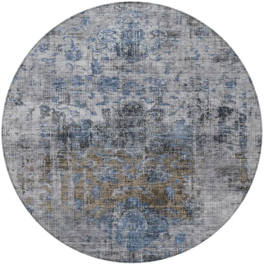 8' Blue And Gray Round Floral Washable Indoor Outdoor Area Rug Photo 6