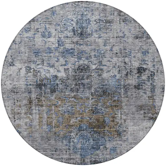 8' Blue And Gray Round Floral Washable Indoor Outdoor Area Rug Photo 6