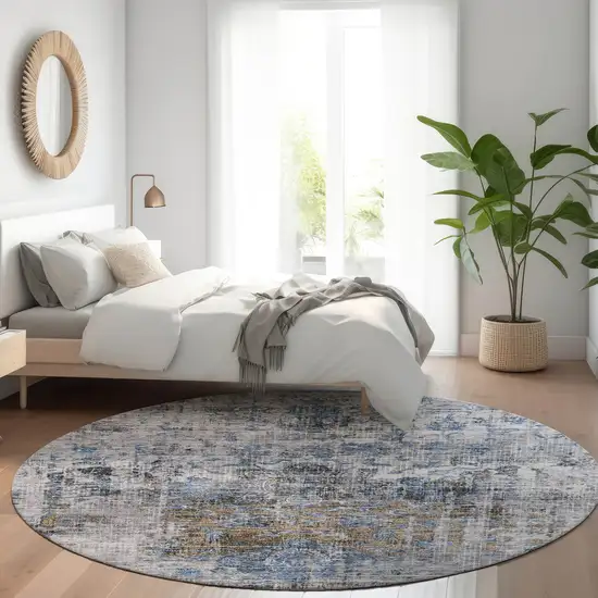 8' Blue And Gray Round Floral Washable Indoor Outdoor Area Rug Photo 8