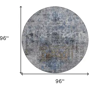 Photo of 8' Blue And Gray Round Floral Washable Indoor Outdoor Area Rug