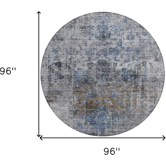 8' Blue And Gray Round Floral Washable Indoor Outdoor Area Rug Photo 9
