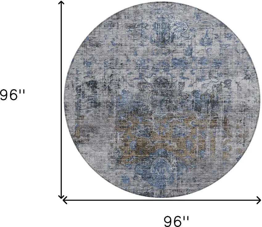8' Blue And Gray Round Floral Washable Indoor Outdoor Area Rug Photo 9