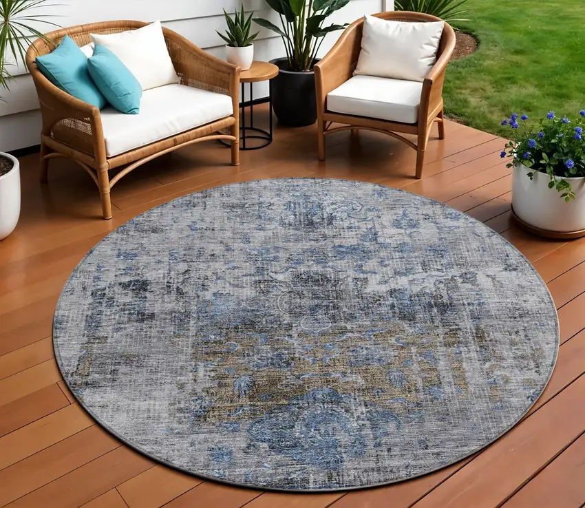 8' Blue And Gray Round Floral Washable Indoor Outdoor Area Rug Photo 1