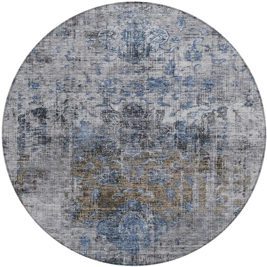 8' Blue And Gray Round Floral Washable Indoor Outdoor Area Rug Photo 2