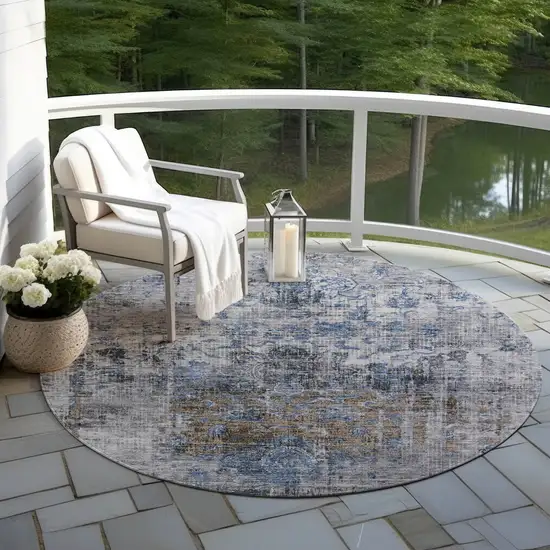 8' Blue And Gray Round Floral Washable Indoor Outdoor Area Rug Photo 7