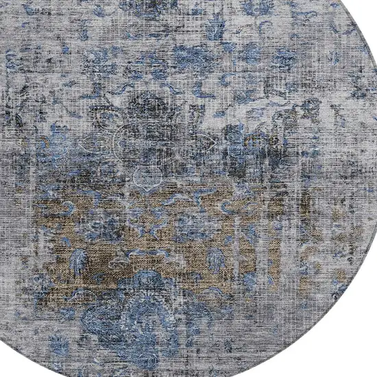 8' Blue And Gray Round Floral Washable Indoor Outdoor Area Rug Photo 5
