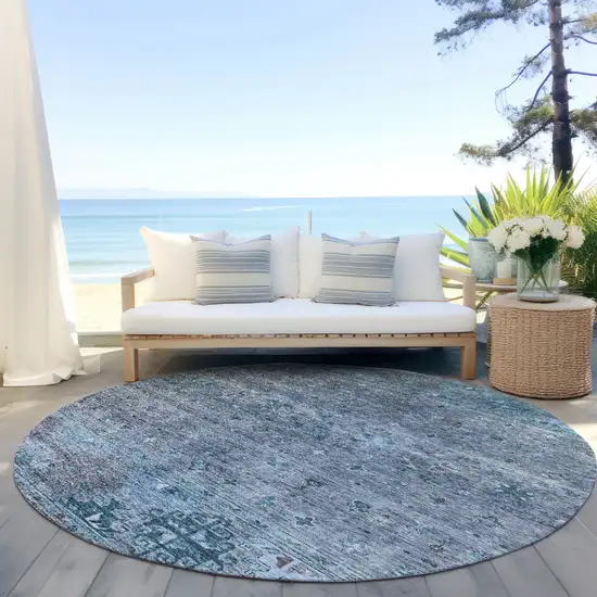 8' Blue And Gray Round Floral Washable Indoor Outdoor Area Rug Photo 6