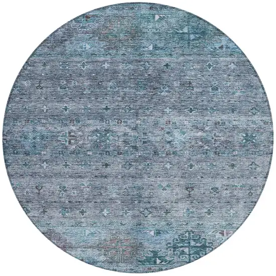 8' Blue And Gray Round Floral Washable Indoor Outdoor Area Rug Photo 4