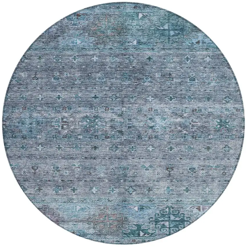 8' Blue And Gray Round Floral Washable Indoor Outdoor Area Rug Photo 4