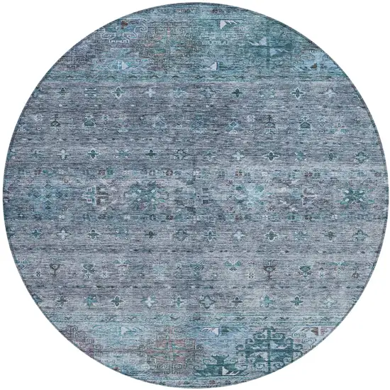 8' Blue And Gray Round Floral Washable Indoor Outdoor Area Rug Photo 2