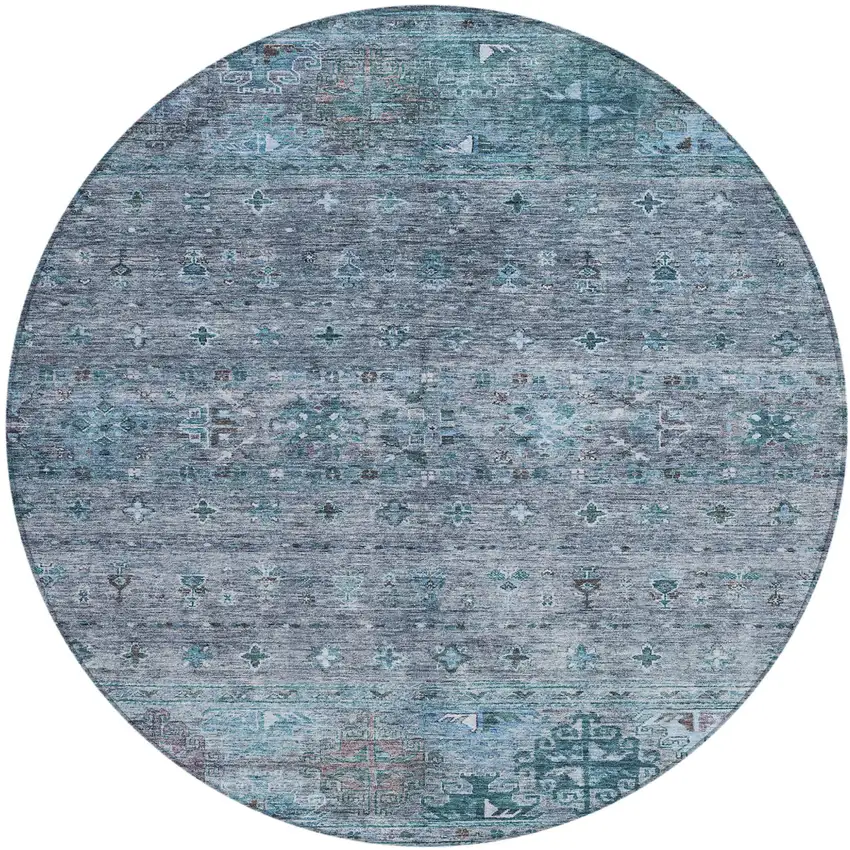 8' Blue And Gray Round Floral Washable Indoor Outdoor Area Rug Photo 2