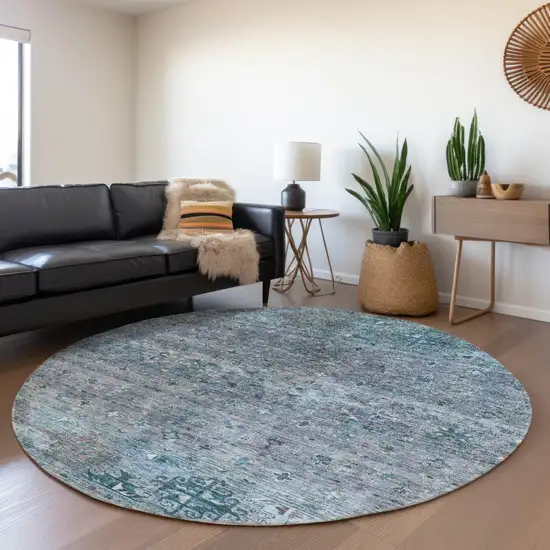8' Blue And Gray Round Floral Washable Indoor Outdoor Area Rug Photo 7