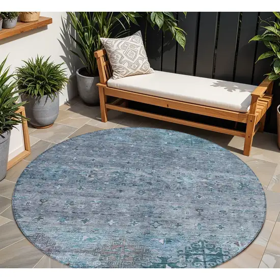 8' Blue And Gray Round Floral Washable Indoor Outdoor Area Rug Photo 1