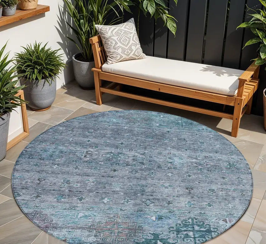 8' Blue And Gray Round Floral Washable Indoor Outdoor Area Rug Photo 1