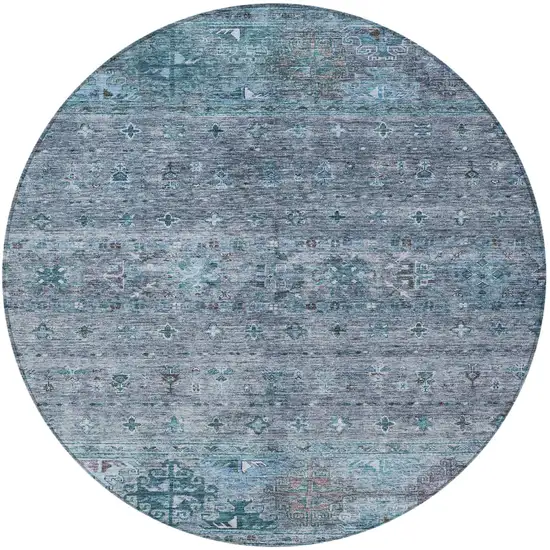 8' Blue And Gray Round Floral Washable Indoor Outdoor Area Rug Photo 5