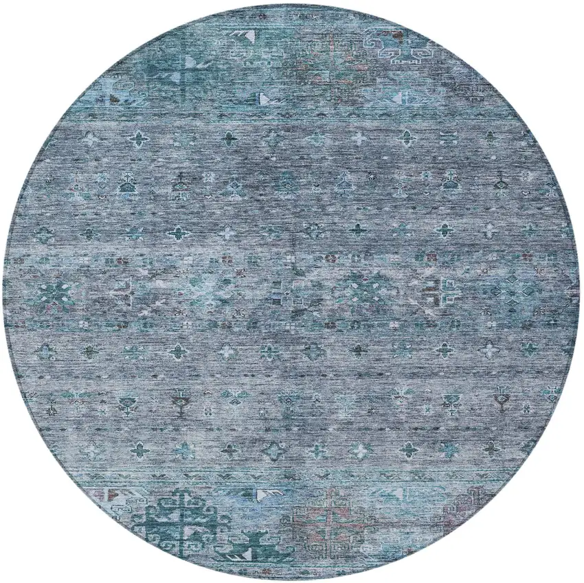 8' Blue And Gray Round Floral Washable Indoor Outdoor Area Rug Photo 5