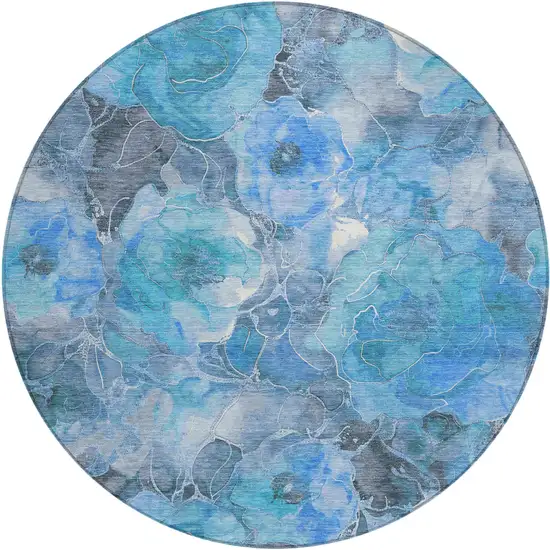 8' Blue And Gray Round Floral Washable Indoor Outdoor Area Rug Photo 1